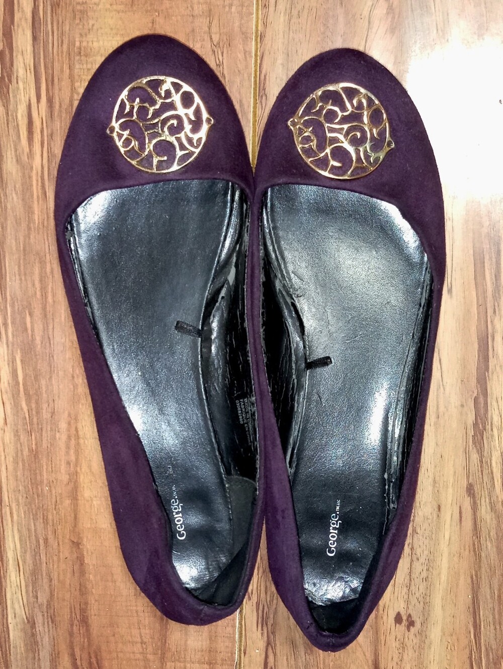 George Plum Suede Ballet Flats with Gold Medallion Accent